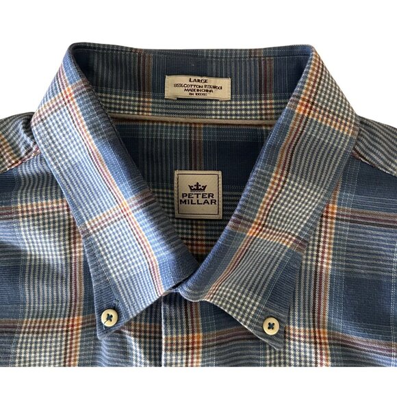 Peter Millar Mens Blue/Brown Plaid Button-Down Shirt Large Long Sleeve - Picture 2 of 5